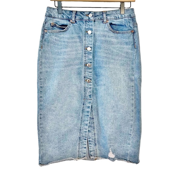 Target Wild Fable Button Front Knee Length Distressed Denim Jean Skirt Women 6 - Picture 2 of 9